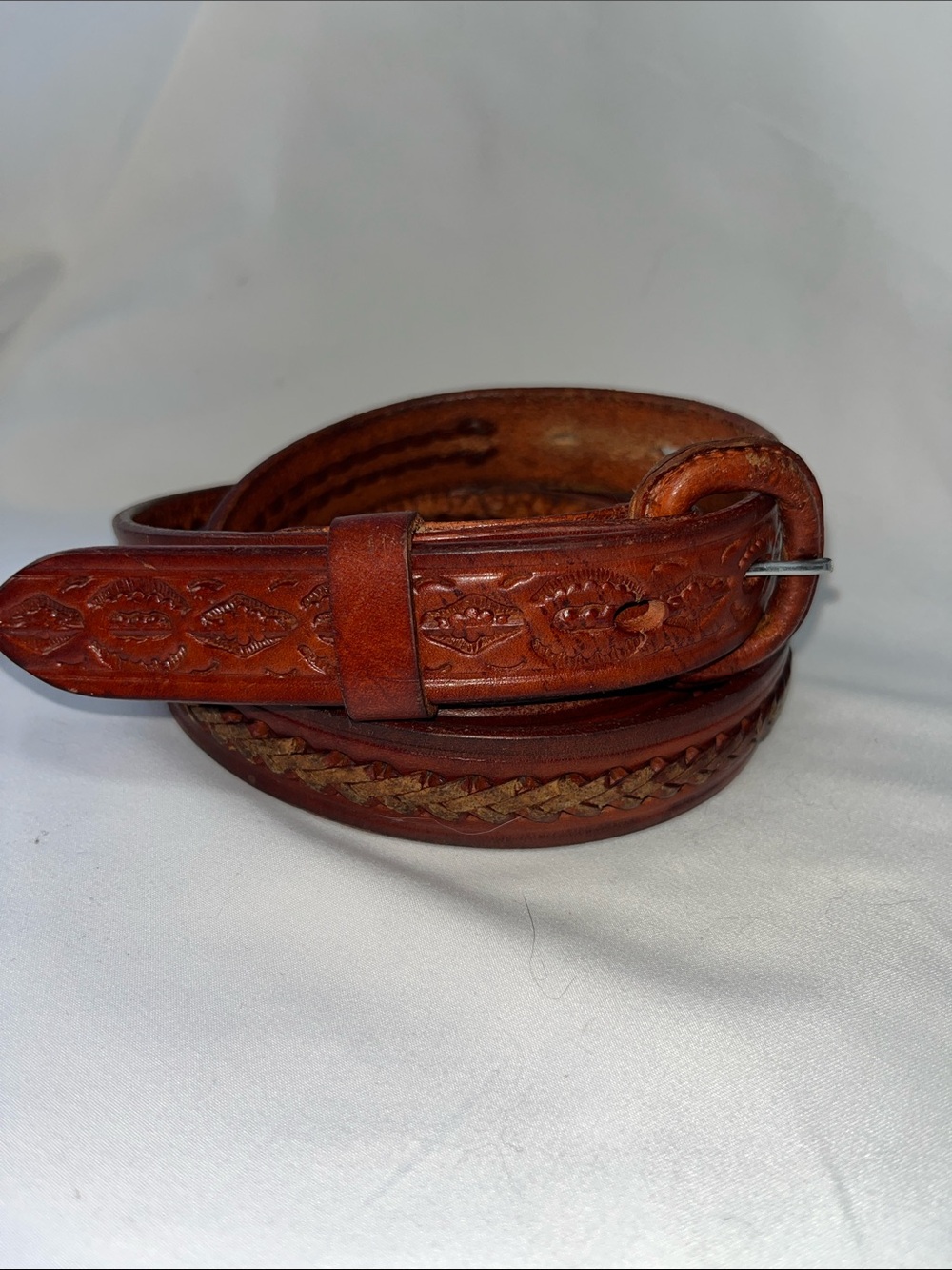 Men’s Tooled Brown Mexican‎ Leather Braided Belt 40